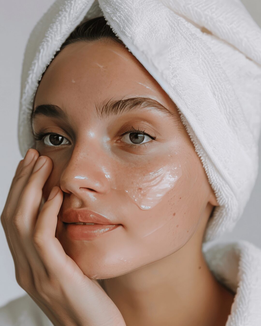 Chica con crema en la cara recién salida de la ducha.