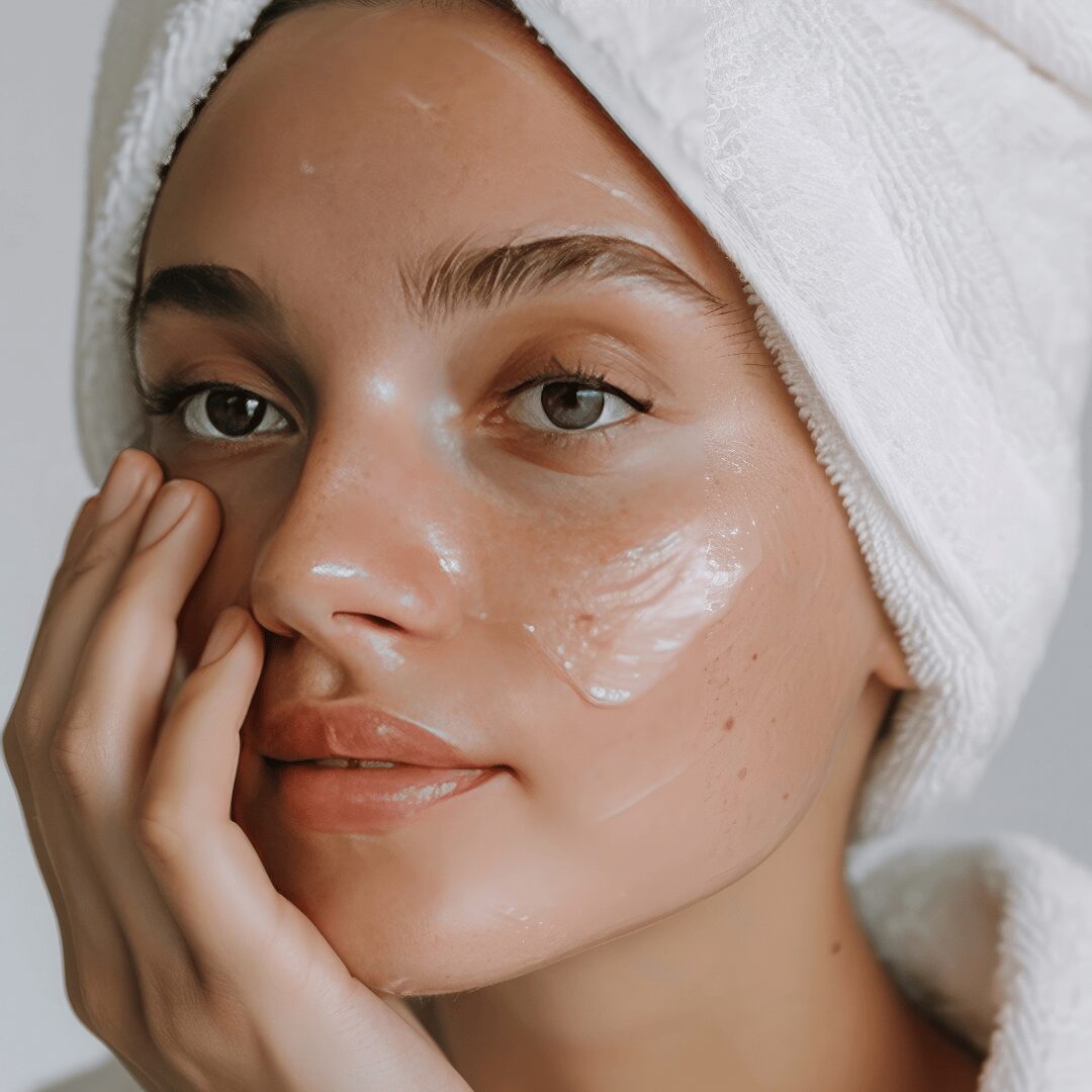 Chica con crema en la cara recién salida de la ducha.